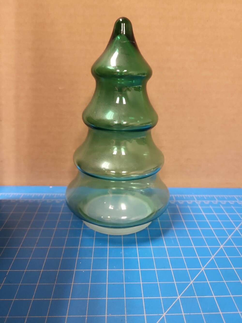 Green Glass Christmas Tree Candy Jar Container Holiday Decor Storage
